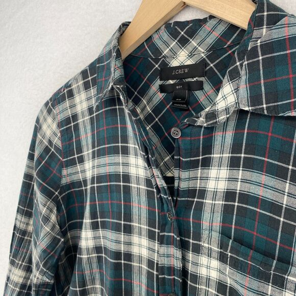 J. Crew Tops - J.CREW Top Women 00 Boy Plaid Tartan Button Front Long Sleeve Cotton Voile Green